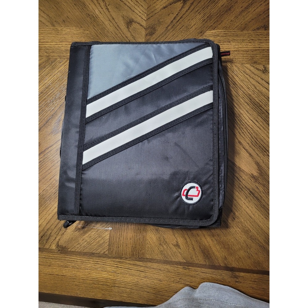 Case-it 3 Ring Zipper Binder‎ Black Grey White Stripe with Shoulder Strap 3 Inch